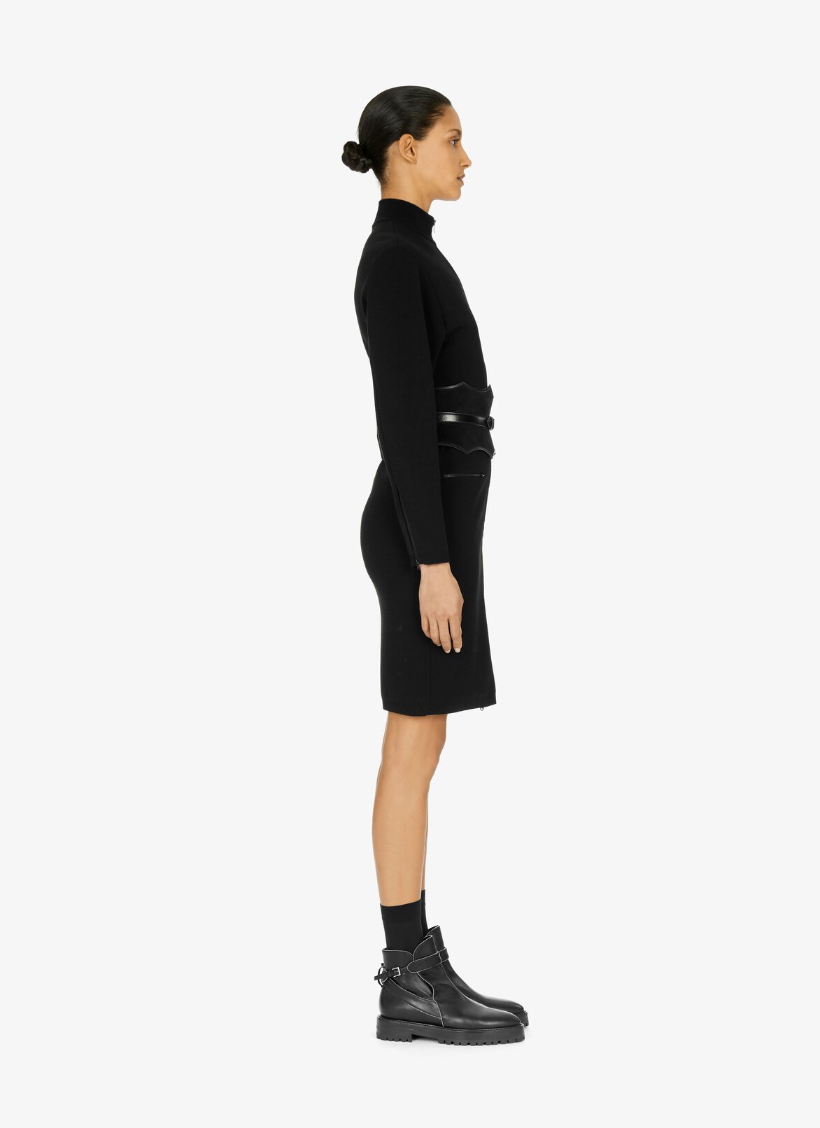 Straight-cut wool jersey and stretch viscose dress ALAÏA BLACK STRAIGHT-CUT WOOL JERSEY AND STRETCH VISCOSE DRESS
